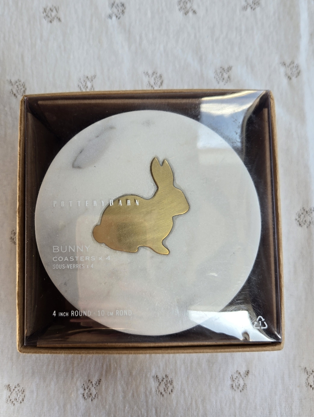 NIB Pottery Barn Bunny Marble Coasters - White with Gold Rabbit - Set of 4